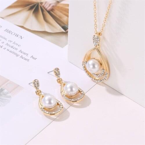 WYJZY 2-piece pearl necklace earrings jewelry set exquisite lady temperament water drop anniversary jewelry set