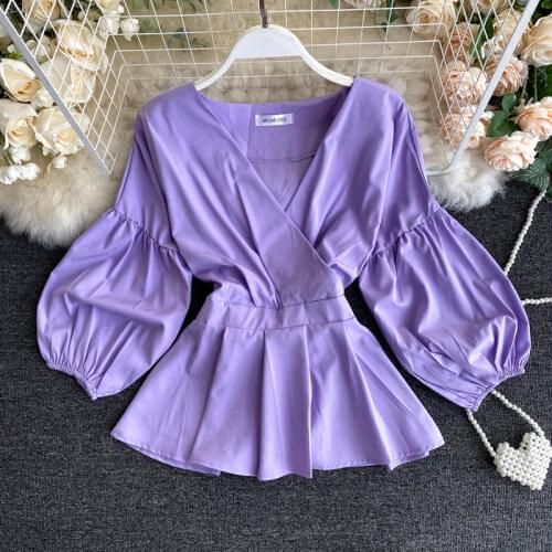 Spring Autumn Womens Blouse Hong Kong Flavor Retro V-neck Lantern Sleeves Top New Solid Color Thin Lotus Leaf Hem Tops GX152