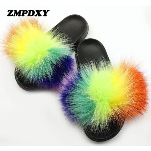 Women Real Fox Fur Slippers Indoor Flat Comfy Fur Slides Fluffy Plush Raccoon Fuzzy Slides Female Luxury Furry Sandals Wholesale