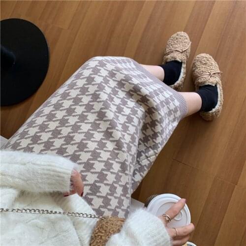 Women Autumn Winter Elastic High Waist Houndstooth Knitted Long Skirt Split Hem Midi Straight Sweater Skirts