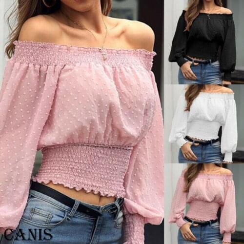 Women Chiffon Blouse Sexy Off Shoulder Solid Ruffle Frill Long Sleeve Slim Shirt Tops Blusa Mujer Spring Autumn S-2XL