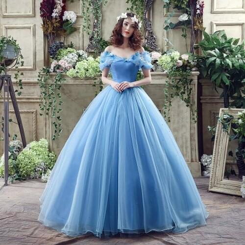 Romantic Organza Prom Dress Blue Off the Shoulder V Neckline Princess Cinderella Cosplay Party Dresses With Butterfly 2018