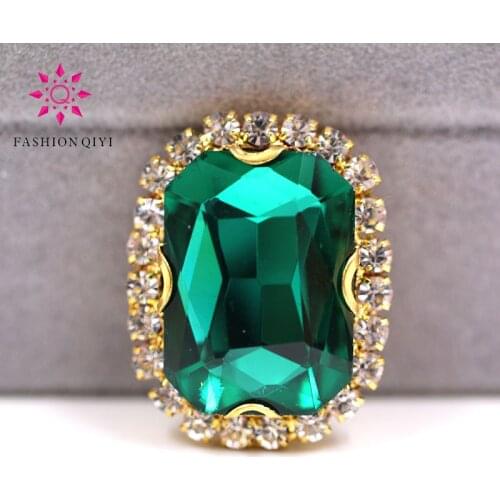 Gold base Rectangular octagonal Malachite green sew on rhinestones glass Crystal button DIY Wedding dress/clothing accessories