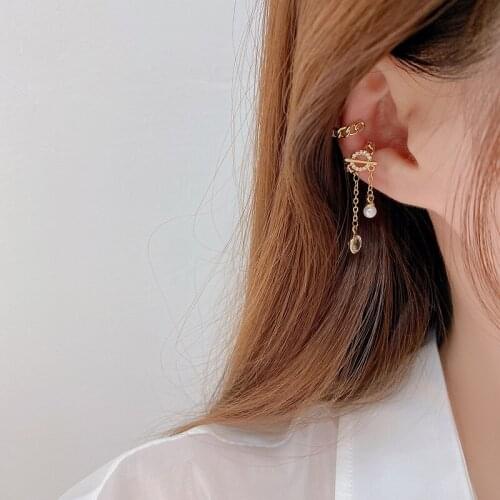 1 Pair Exquisite Gold Plated Ear Cuff Clip Earrings for Women Zircon Pearl Pendant Chain Tassel No Piercing Earrings 2021