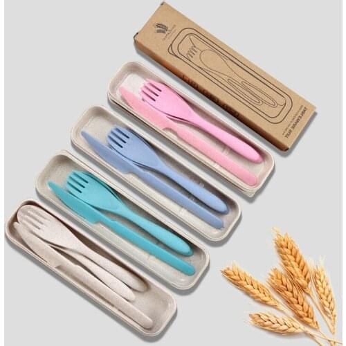 3pcs/set Wheat Straw Knife Fork Spoon Travel Cutlery Portable Cutlery Box Japan Style Student Dinnerware Sets Kitchen 2021