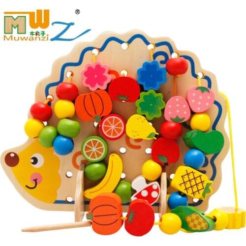 82 pcs / pack Cartoon Animals Wooden Toys Hedgehog Fruit Beads Tying Threading Spheres Game Toys for Baby Kids Children M75