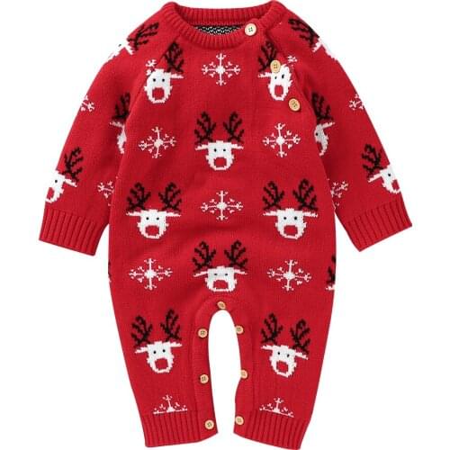 2021 0-24M Infant Baby Boy Girl Knitted Romper Christmas Deer Button O Neck Long Sleeve Jumpsuit Sweater Autumn Winter Outfit