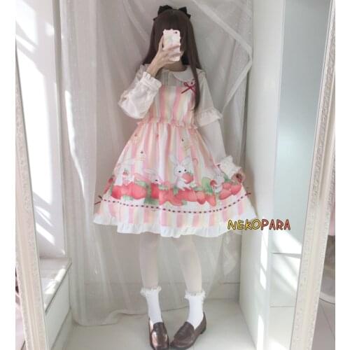 Strawberry Rabbit Sweet Girl Lolita JSK Dress Womens Suspender Bow Pink Cute Dress One Piece