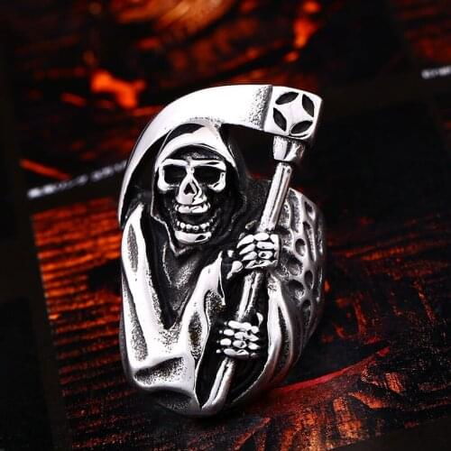 Vintage Titanium Steel Skull Death Biker Gothic Punk 316L Stainless Ring For Men Retro Male Design Round Bands Rings