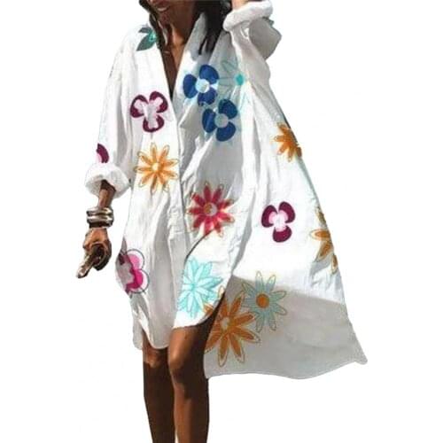 Summer Women Dresses Long Sleeve Floral Leaf Print Single-breasted Shirt Dress Plus Size Loose Beach Party Vestidos Robe Blouse