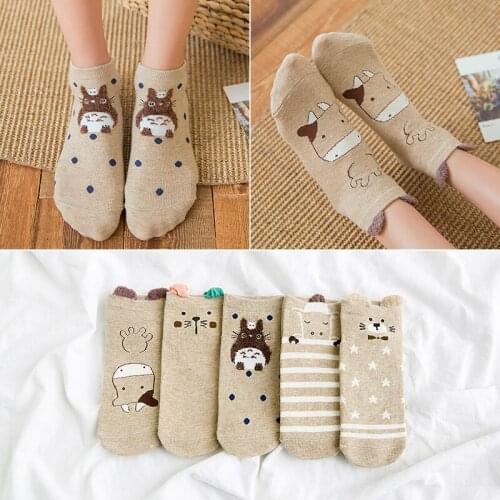 Cute Socks Women Cartoon Brown Print Animal Panda Cat Meias Cotton Socks Short Summer Female Harajuku Funny Socks Happy Kawaii