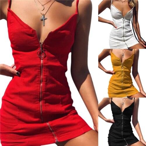 2021 Fashion Trend Women’s Summer Sexy Suspender Dress Solid Color Ring Zipper V-neck Skinny Mini Dress for Casual Clubwear