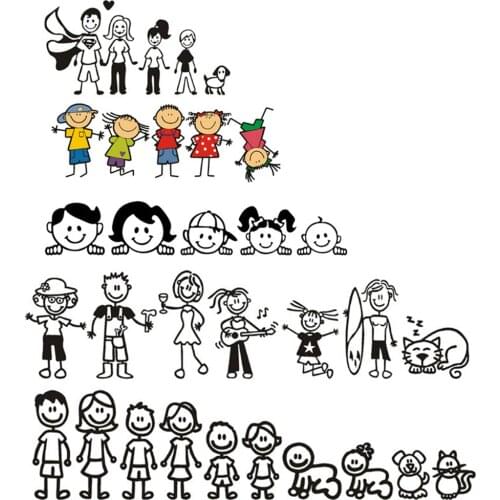 Cartoon Big Family Car Stickers Vinyl Car Styling for Dad Mom Kids Dog Cat Pattern Car Window Decal Black / Sliver