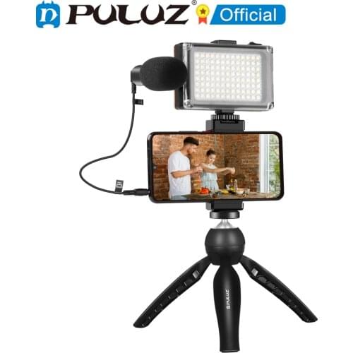 PULUZ Live Broadcast Smartphone Photography Video Light Vlogger Kits with Microphone LED Light Tripod Mount Phone Clamp Holder