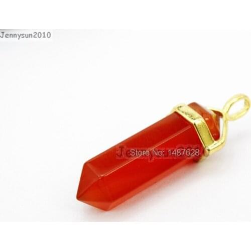 Natural Red Ag-ate Gems Stones Hexagonal Pointed Healing Reiki Chakra Gold Pendant Beads Necklace Earrings Jewelry 10Pcs/Pack