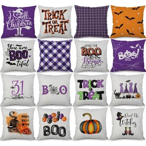 Halloween Festival Cushion Covers Boo Trick Or Treat Witch Beige Linen Pillowcase 45X45cm Sofa Decoration