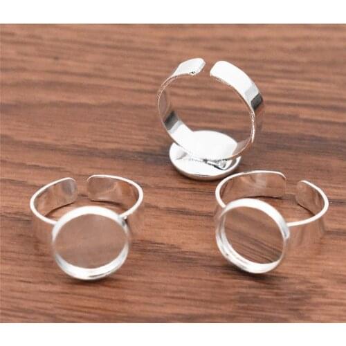 NEW 12mm 10pcs Bright Silver Plated Brass Adjustable Ring Settings Blank/Base,Fit 12mm Glass Cabochons,Buttons;Ring Bezels