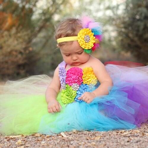 Full Rainbow Tutu Dress Crochet Baby Tulle Dress with Headband 1st Birthday Dress Newborn Photo Props Candy Land Tutu TS092