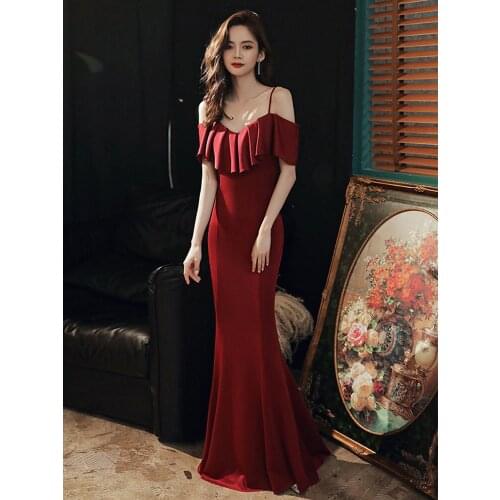 Spaghetti Strap Burgundy Evening Dresses Mermaid Elegant Party Prom Gowns Ruffles Taffeta Formal Occasion Dress Sleeveless Robe