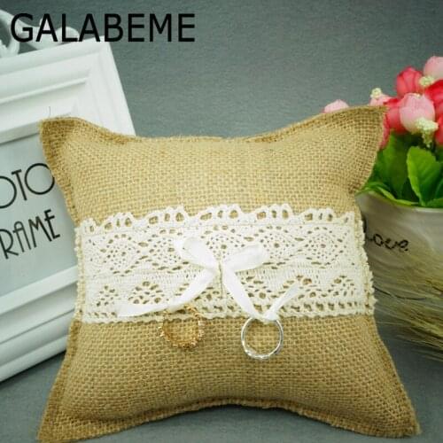 Galabeme 1PCS 18cmX18cm burlap &Lace Ring Pillow Hessian ring pillow rustic wedding centerpieces vintage wedding decoration