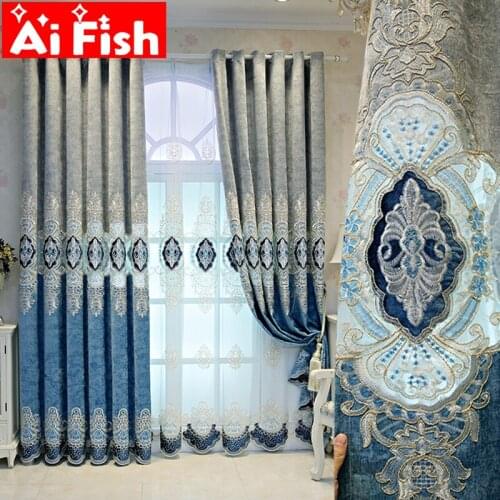 Luxury Blue Chenille American Luxurious French Tulle Curtains for Living Room Bedroom Neo-Classical Embroidered Curtains ZH218#4