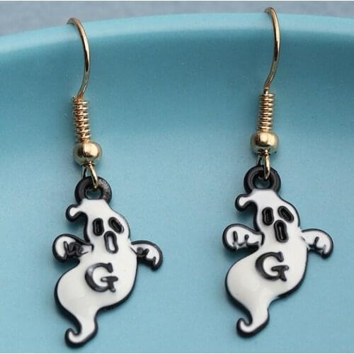1 Pair Black White Alloy Ghost Metal Drop Earrings Mini Halloween Ghost Pendant Earrings Fashion Jewelry Dropship Wholesale