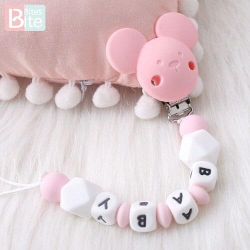 Bite Bites 1PC Cartoon Bear Private Custom Personalise Baby Name Pacifier Clips Chain Teething BPA Free Dummy Baby Teether