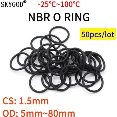 50pc NBR O Ring Seal Gasket Thickness CS 1.5mm OD 5~80mm Nitrile Butadiene Rubber Spacer Oil Resistance Washer Round Shape Black