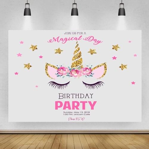 Magical Day Birthday Party Backdrop Photography Pink Flowers Unicorn Golden Stars Eyelash Pattern Table Background Decor