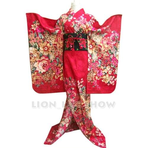 Japanese Women Rose Red Pink Floral Long Furisode Kimono Cosplay Costume