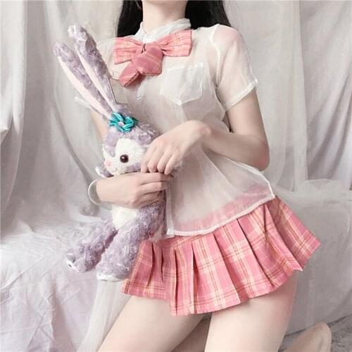 Woman Sexy JK Uniforms Perspective Short Sleeve Mini Plaid Skirt Japanese Style Student Lingerie Sailor Cosplay Party Costume