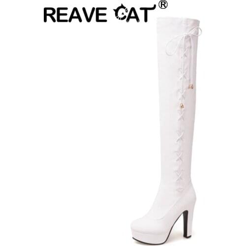 REAVE CAT 2021 Fashion Over The Knee Boots Sexy Lace Up Round Toe Party Nightclub Platforms Block High Heel Black White A4522