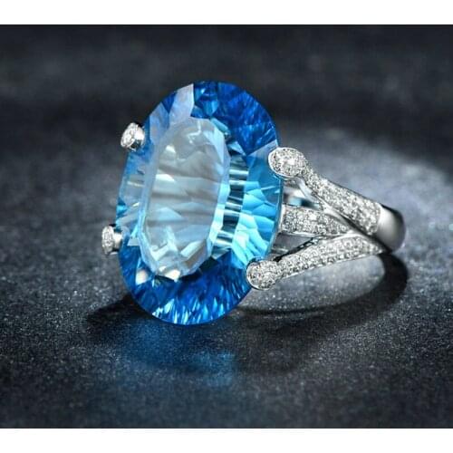 Womens Luxury S925 Sterling Silver AAA Sea Blue Zircon Ring Engagement Wedding Gift Jewelry