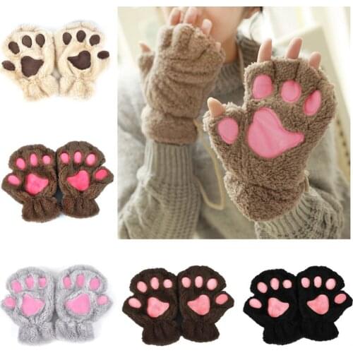 Womens winter lovely cat paw glove girls winter thicken warm fingerless cartoon kitty glove cosplay glove R032