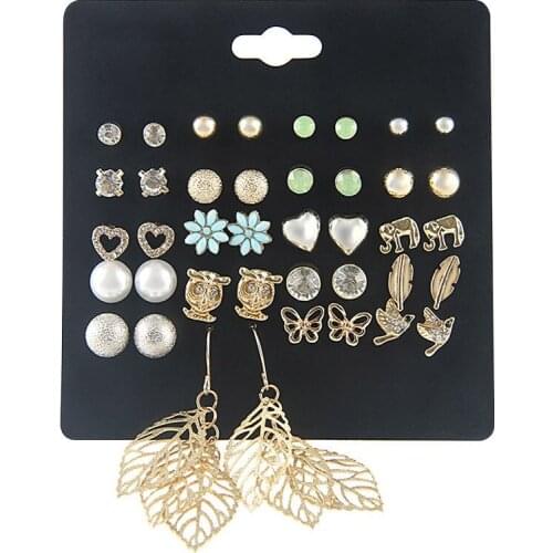 20Pairs/Set Vintage Animal Elephant Owl Stud Earrings For Women Elegant Pearl Ear Studs Crystal Resin Earring Set Brincos