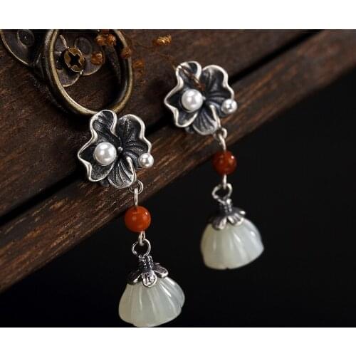 2018 Limited New Earings Fashion Jewelry S925 Pure Antique Mosaic And Tian Yu Jade Pearl South Lotus Lady Earrings Wholesale