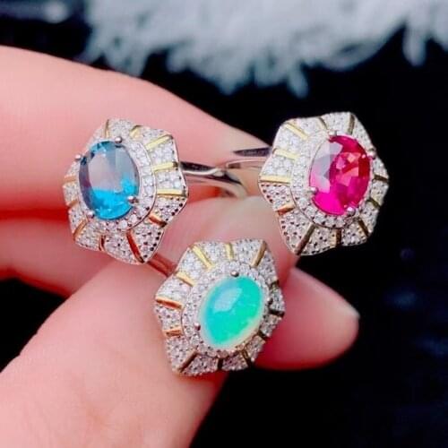 925 Sterling Silver with Natural London Blue Topaz Stone Open Ring for Women Luxury Jewelry 6*8mm