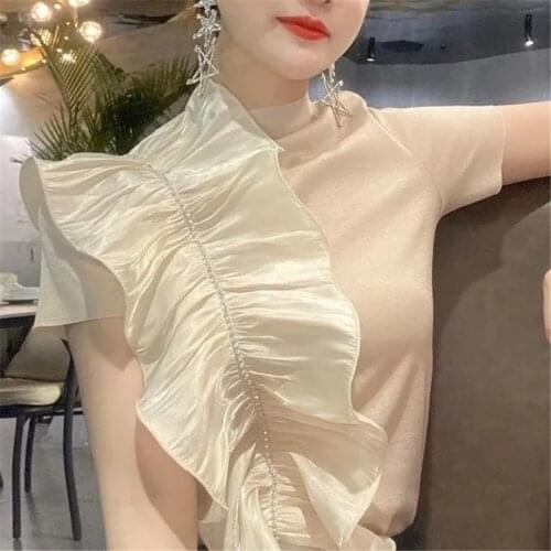 Patchwork Ruffles Design Short Sleeve Blouses Women Chic Spliced Pleated Slim Pullover Tops 2021 Summer Elegant Ladies T-Shirt