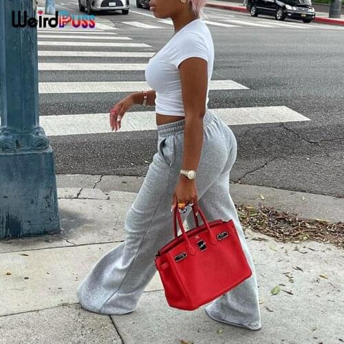 Weird Puss Autumn Casual Wide Leg Pants Women Solid Fitness High Waist Trousers Baggy Sporty Joggers Hipster Streetwear Bottoms