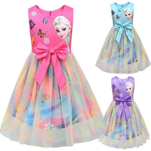 Disney Elsa Anna Frozen Girls Kid Ball Gown Princess Dress Bow Knot Cute Rainbow Party Birthday Gift Cosplay Costume Clothes