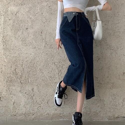 Spot Chinese autumn new temperament fashion trend high waist mid - length split all - match denim skirt