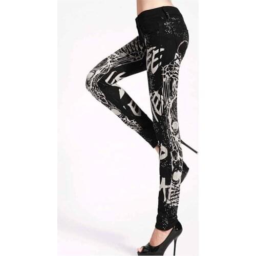 Storage jeans women Casual Black Pencil jeans pants Girl high quality head printing skull Pattern Skinny Long jeans for women