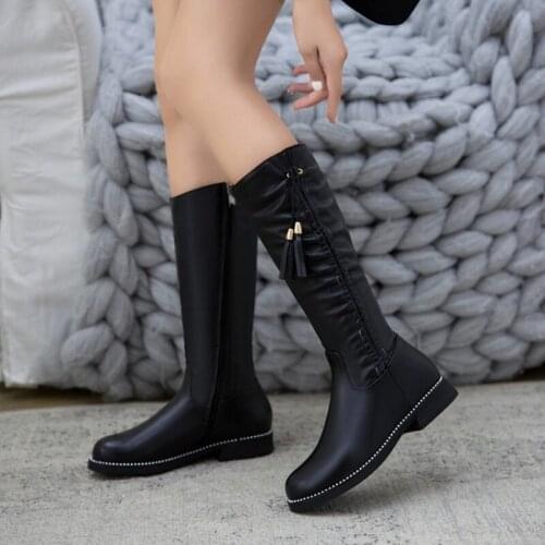 Elegant Fashion Pink Leather Girl Children Autumn Winter Warm Platform Boots Low Heel Small Size 26-43 Women Shoes K80-1