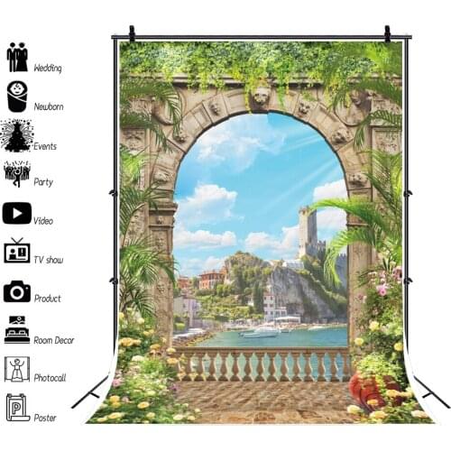 Laeacco Tropical Summer Holidays Old Arch Door Flowers Vine Resort Sea Scenic Photography Backdrop Photo Background Photo Studio