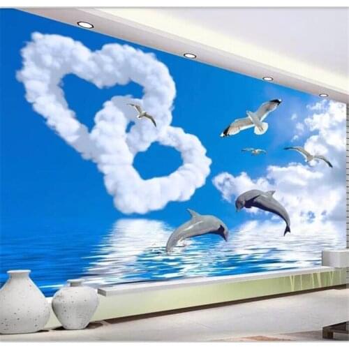 Beibehang Wallpaper custom blue sky white clouds seascape beach mural heart even heart love Qin Hai beautiful 3D TV background