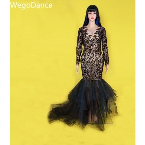 Hot sale Black Stretch Dance Costumes Female Singer Dancer Sexy Mesh Tail Bodysuit Womens Nightclub Performance Party Wear