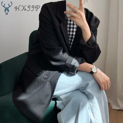 HXJJP Womens Suit Jacket 2020 Spring Autumn Double Breasted New Korean Long Sleeve Solid Loose Casual Blazer Feminino