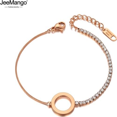 JeeMango Bohemia Titanium Stainless Steel CZ Crystal Chain Choker Bracelet Rose Gold Beach Circle Bracelet For Women JB20066