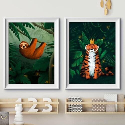 Jungle Animal Posters and Prints Tiger Sloth Wildlife Garden Canvas Painting Nursery Wall Pictures for Living Room Home Decor