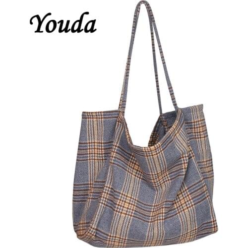 Youda Korean Fashion Handbag Simple Large Capacity Handbags Wool Totes Plaid Shoulder Bag Female Vintage Wild Bags